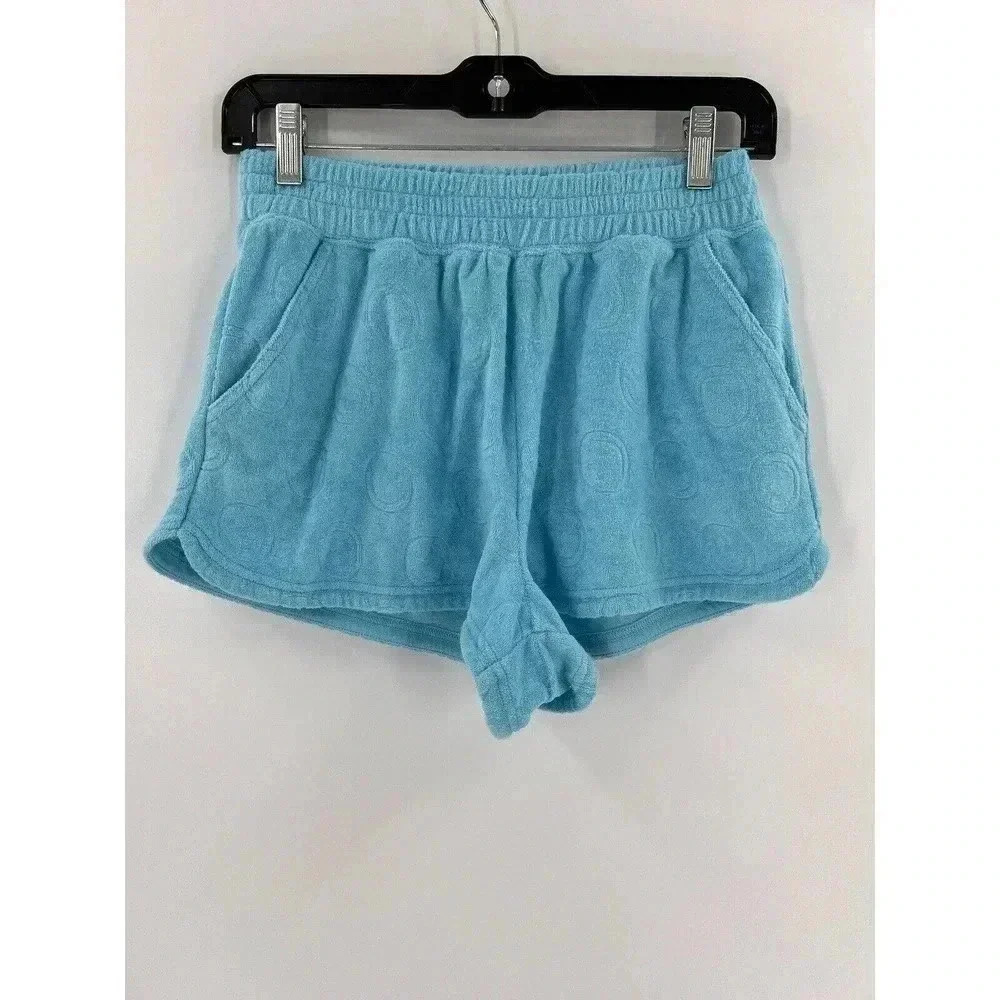Aerie Offline "Burst A Move" Aqua Blue Terry Cotton Shorts Smiley Face SMALL EUC